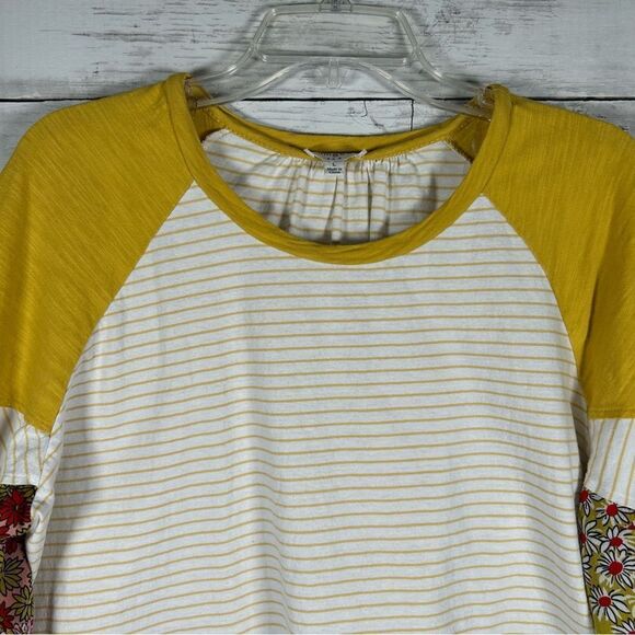 Umgee Cotton Yellow Stripe With Contrast Balloon Sleeves T-shirt Top L - Picture 6 of 8